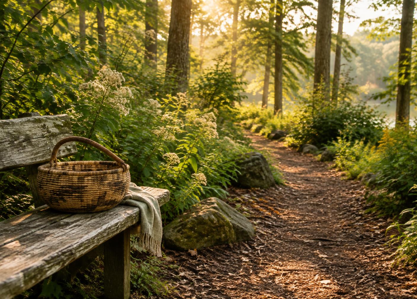 A woven basket rests beside a woodland path in morning light