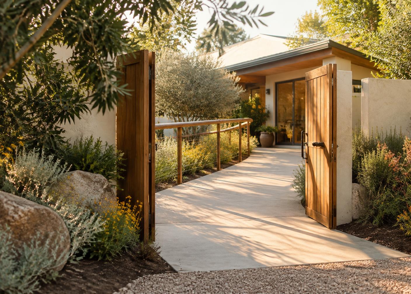 A wide, gently sloped garden path leads through an open gate
