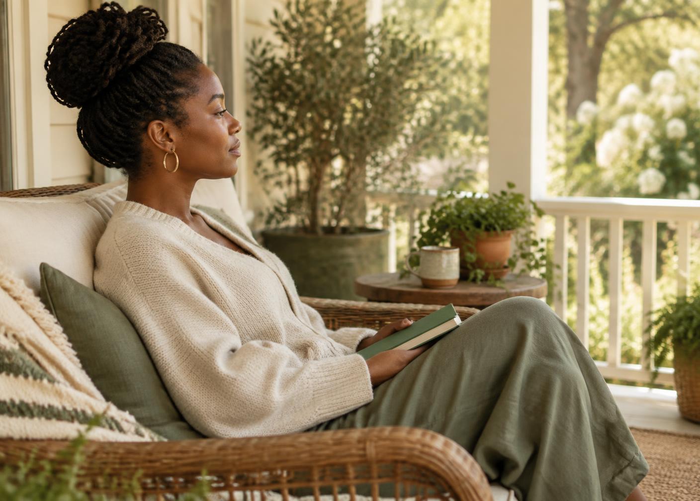 A woman rests quietly with a book on a sunlit porch