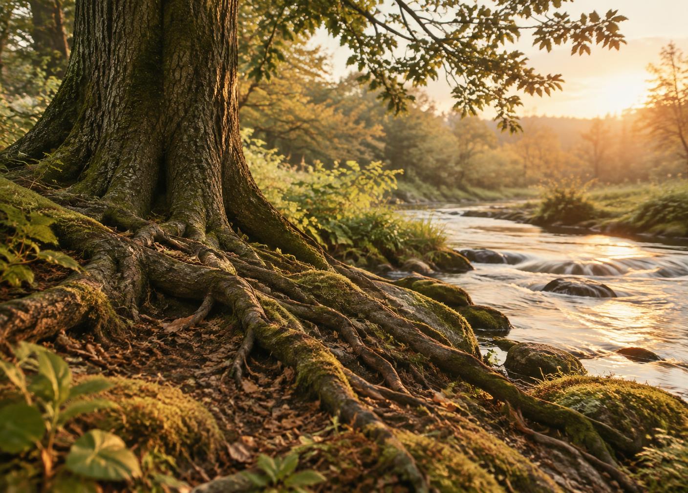 Mature tree roots meet a gently moving stream in warm light