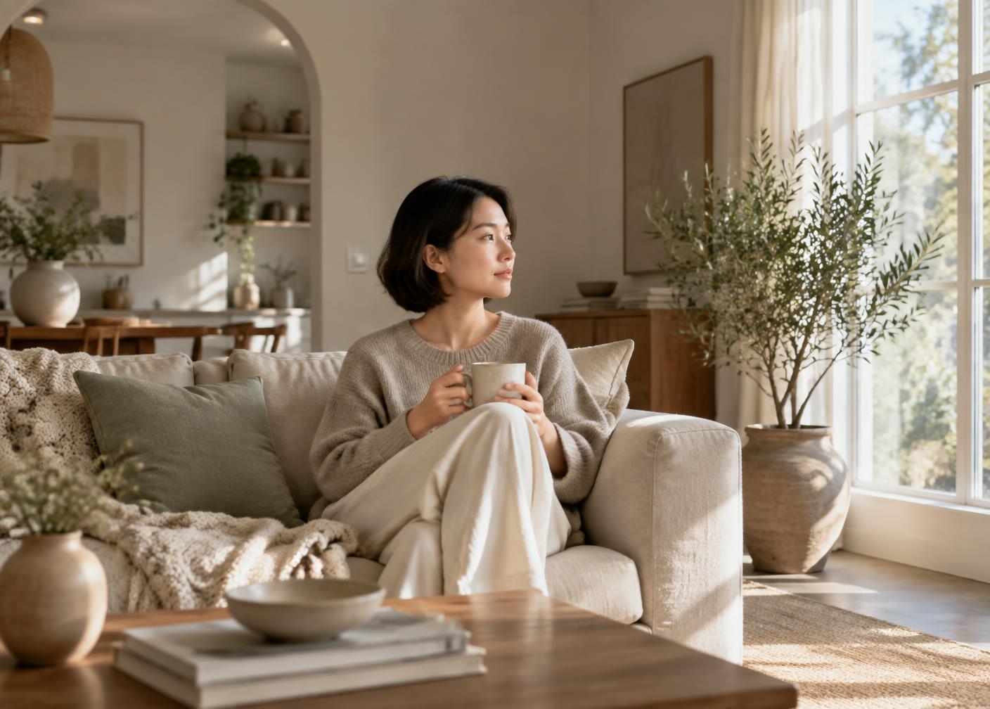 A woman sits on a sofa holding a mug and gazing out a bright window
