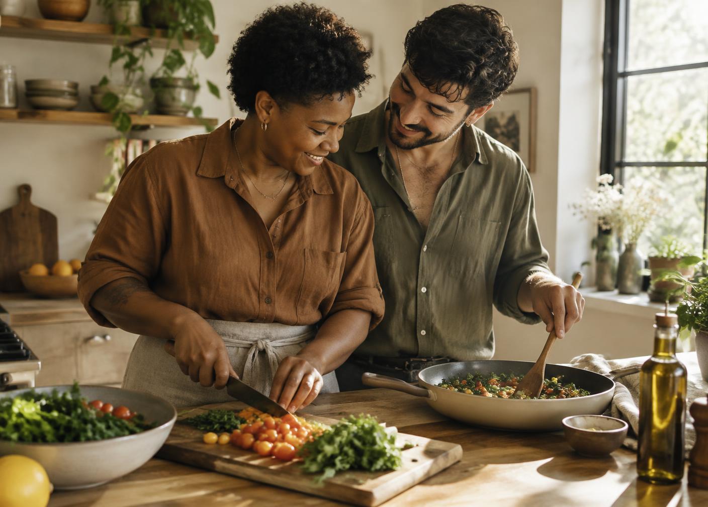 A couple shares a relaxed moment while cooking together
