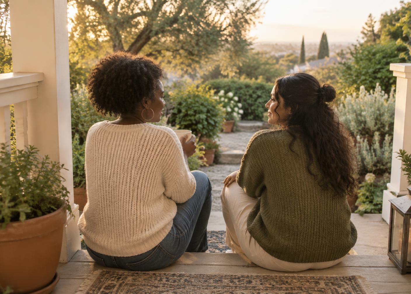Two young adult women sit on a porch step talking, seen from behind at an angle