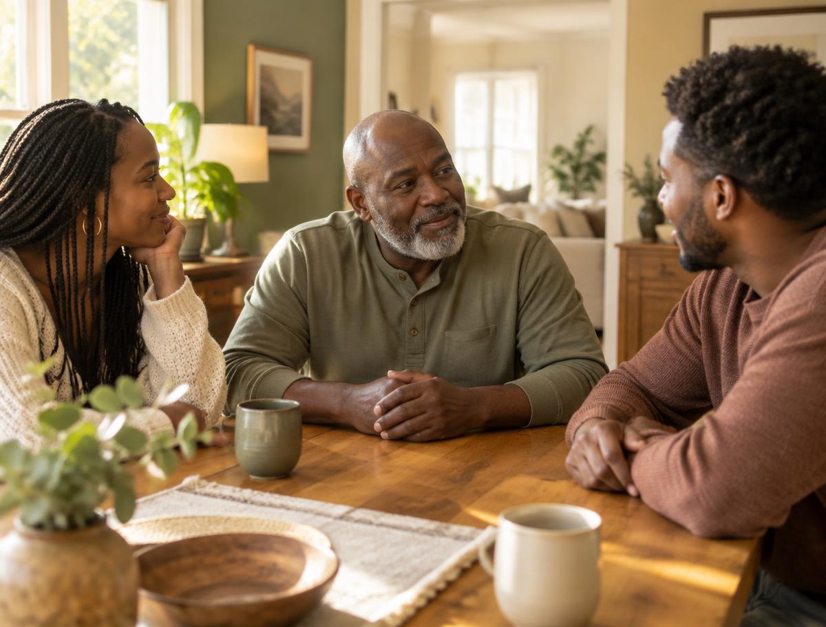 An older father and two adult children talking at a dining table.