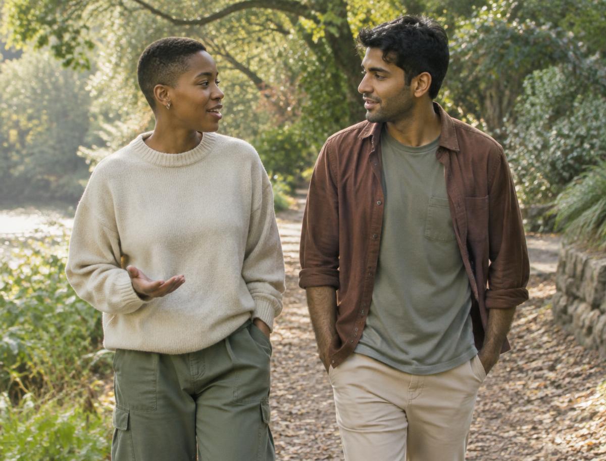 Two adults with short hair talking while walking on a leafy path.