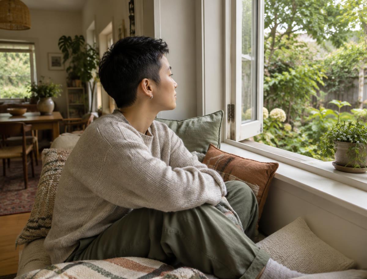 An adult with cropped hair looking out an open window toward a garden.