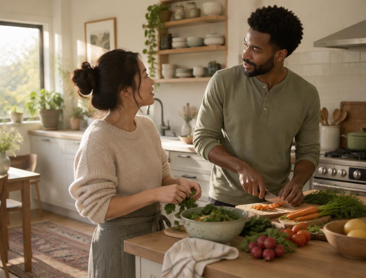 Two adults talking while preparing vegetables in a bright kitchen.