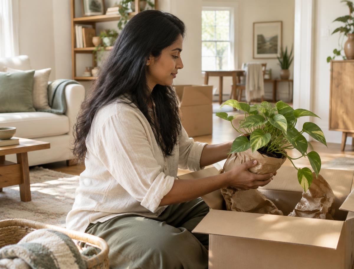 A woman placing a houseplant beside moving boxes in a sunlit room.