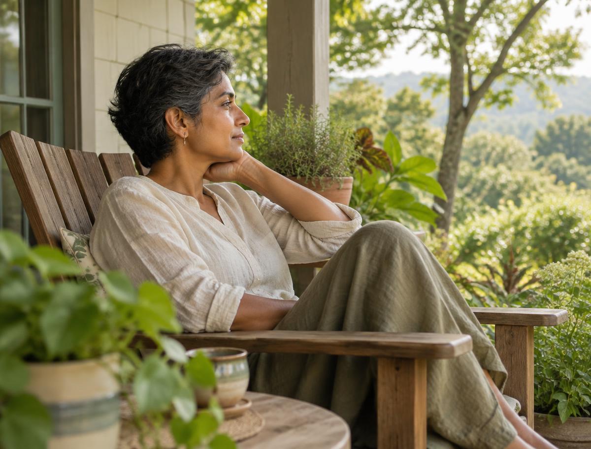 An adult with short hair resting on a porch chair beside greenery.