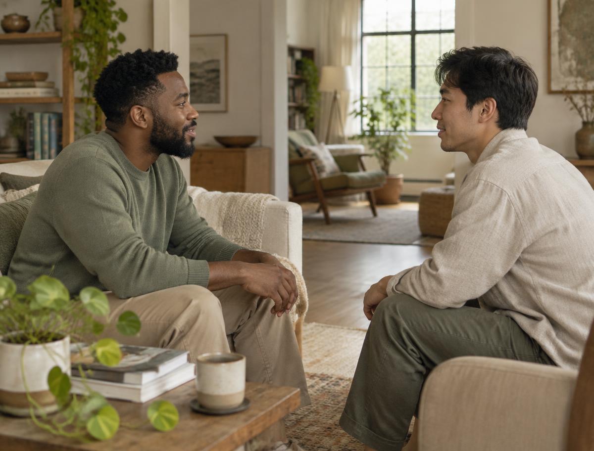 Two men talking face to face in a sunlit living room.