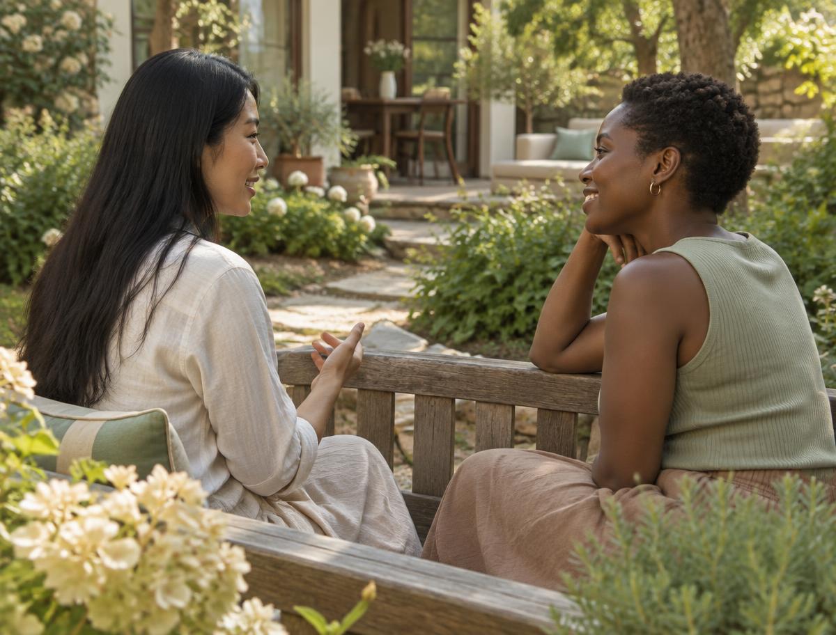 Two women talking on a garden bench in warm sunlight.
