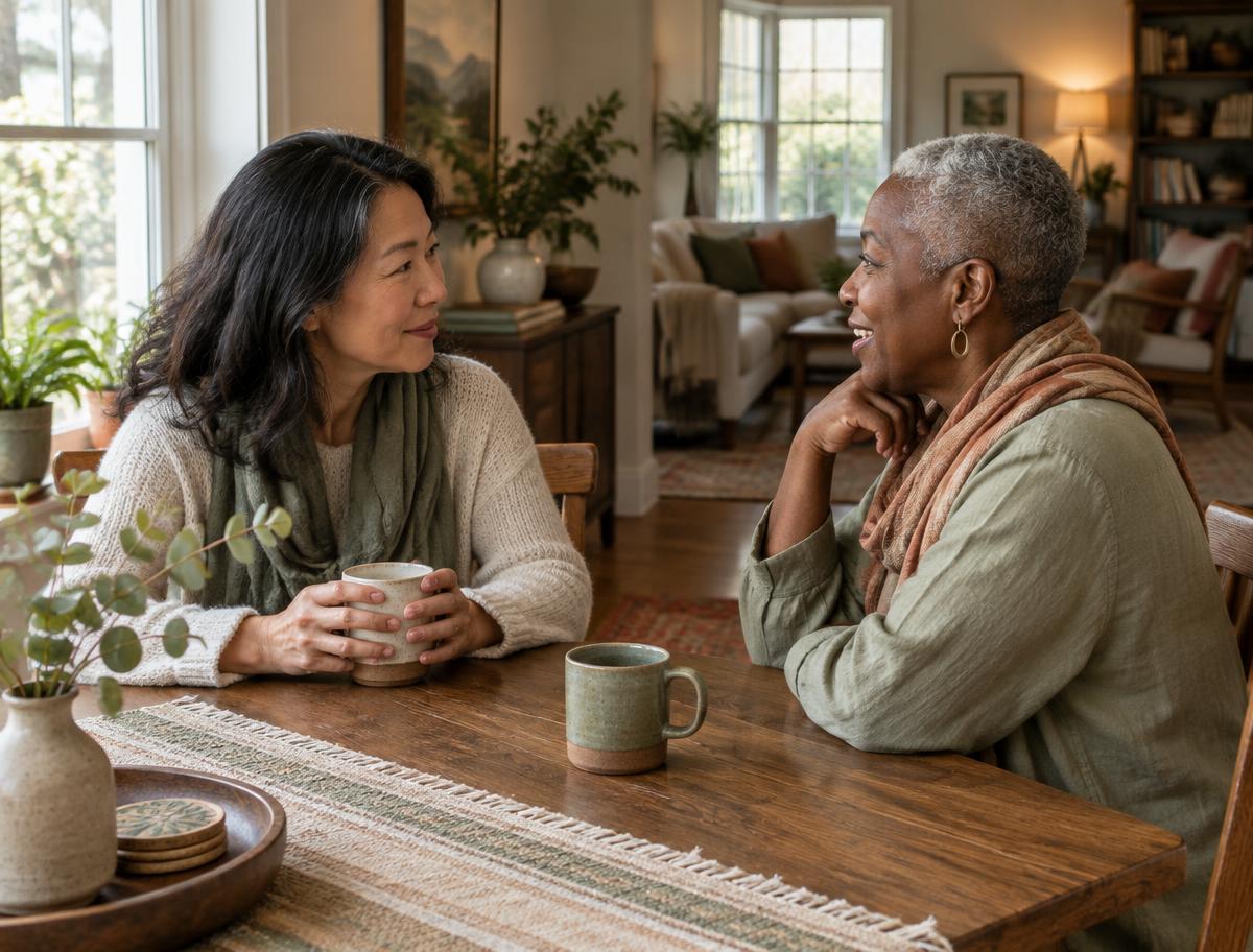 Two women talking warmly at a dining table in natural window light.