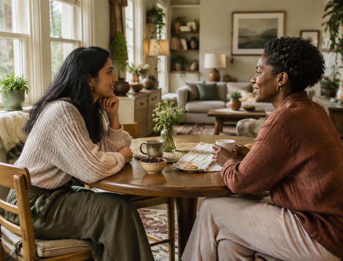 Two women talking across a breakfast table in warm window light.