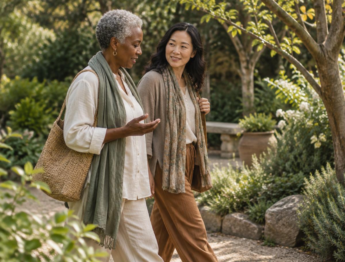 Two women talking while walking through a leafy garden.