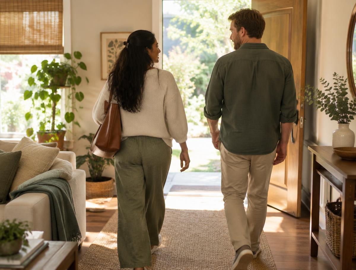 Two adults walking together toward an open, sunlit doorway.