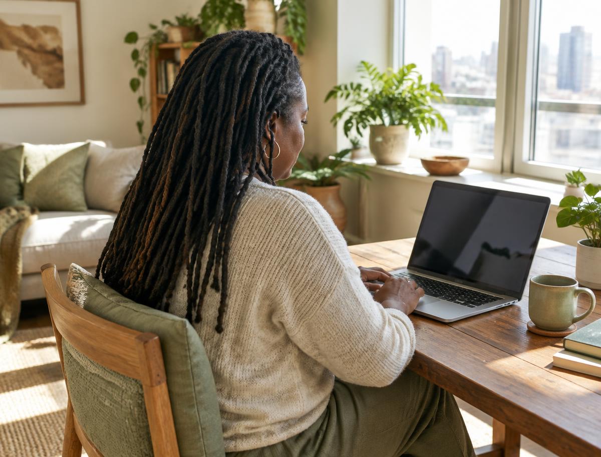 A woman with long locs using a laptop beside a sunlit window.