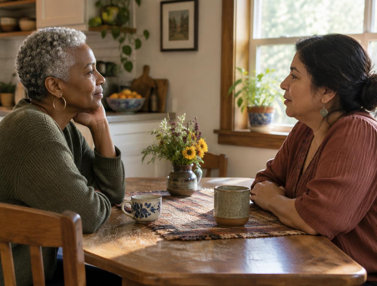 Two women listening to each other across a kitchen table.