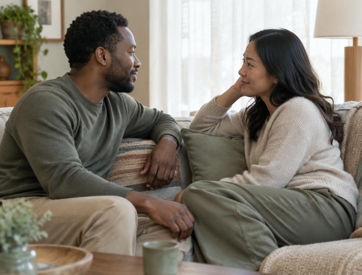 Two fully clothed adults talking quietly together on a sofa.