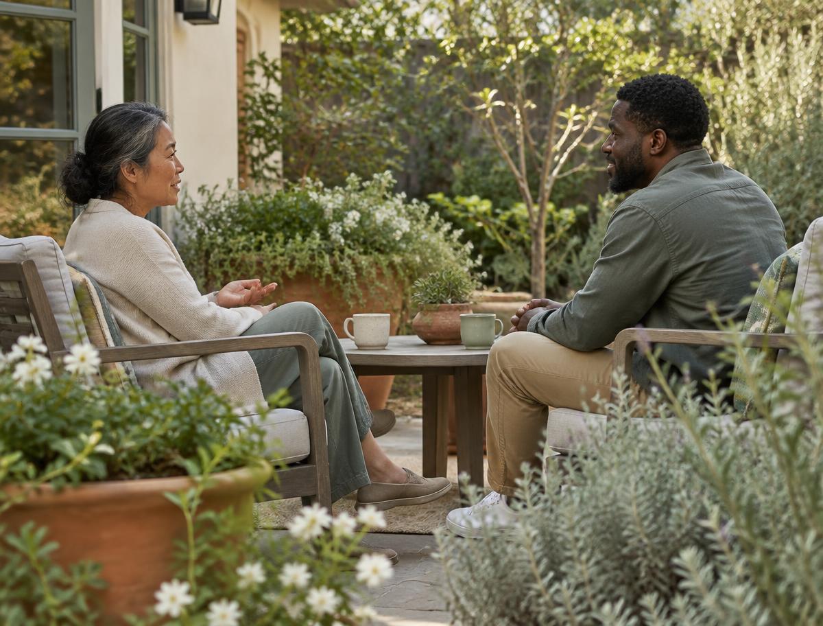 Two adults talking on a garden patio in afternoon light.