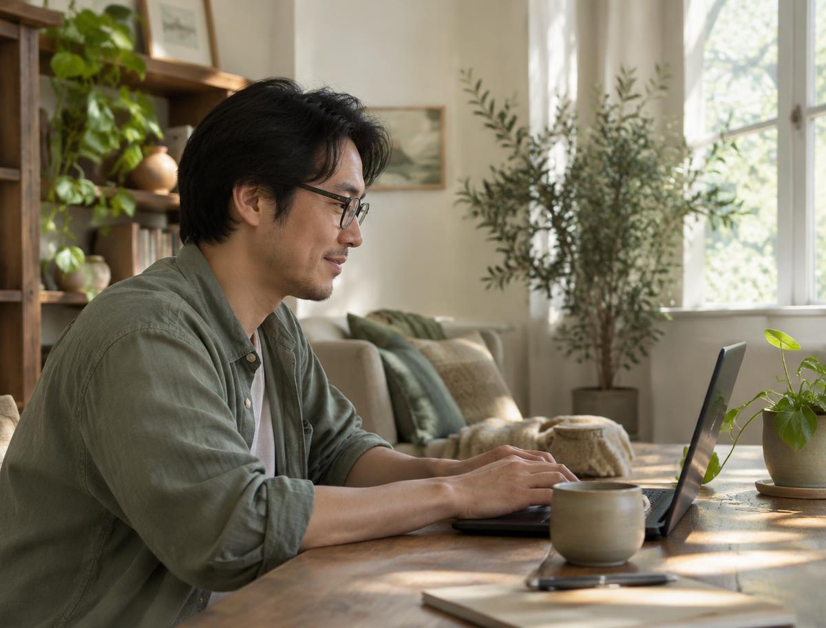 An adult man using a laptop in profile beside a bright window.