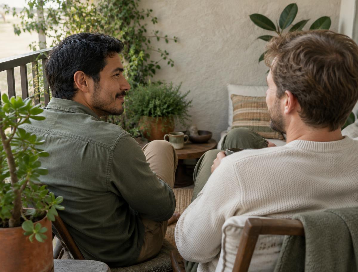 Two men talking together on a plant-filled home balcony.