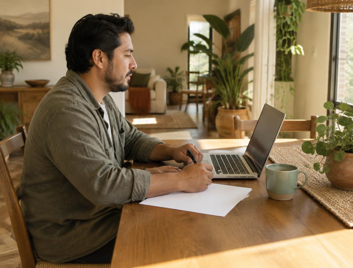 An adult man seated with a laptop and unmarked paper in a sunlit room.