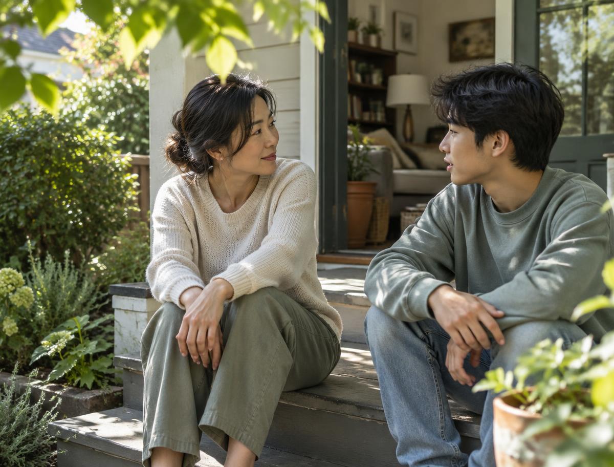A mother and teenage son talking on sunlit porch steps.