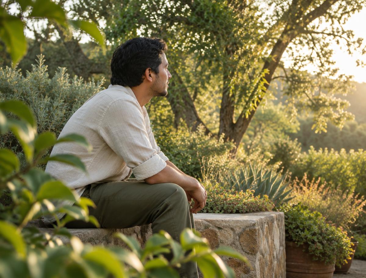An adult man sitting calmly on a garden wall looking toward trees.