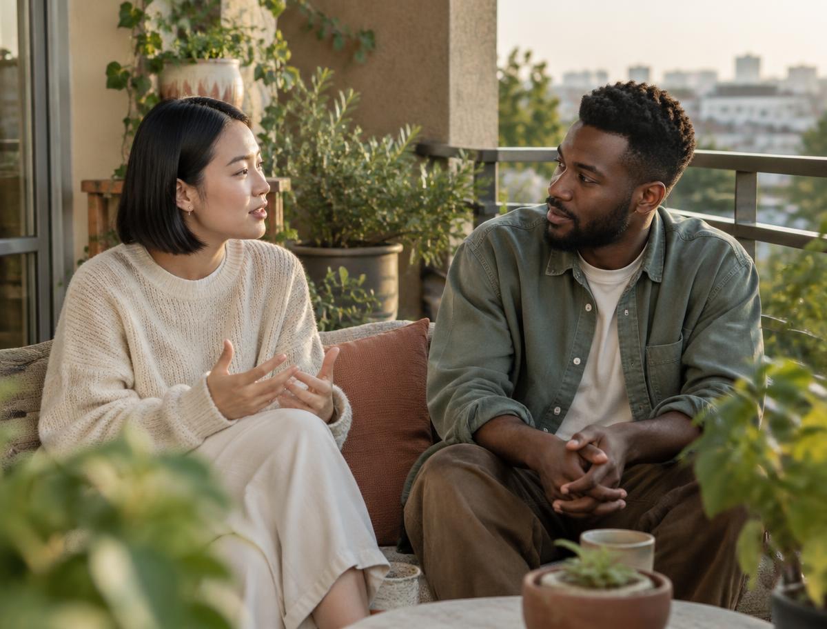 Two young adults talking on a balcony beside plants.