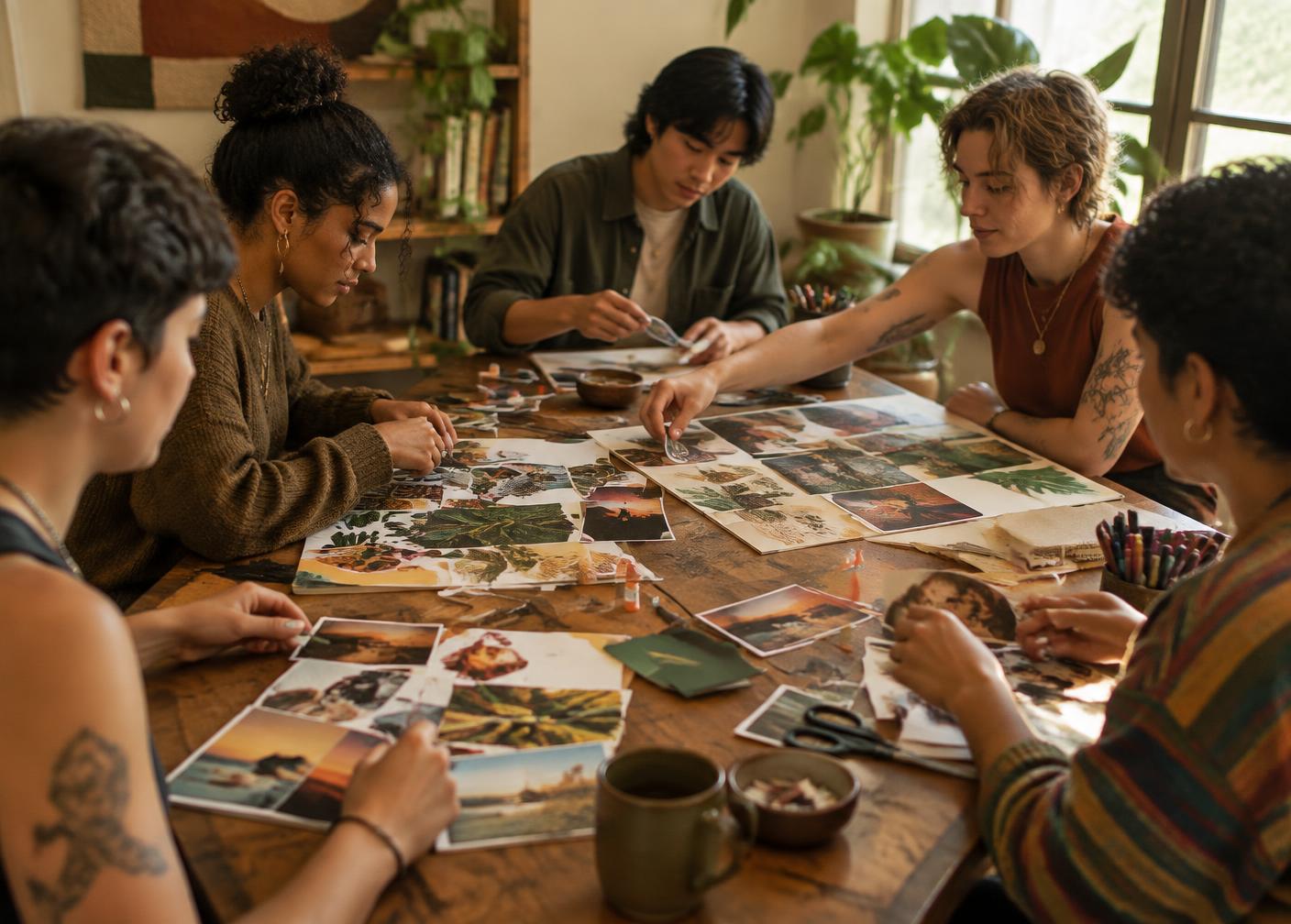 A diverse group of young adults makes a collage together