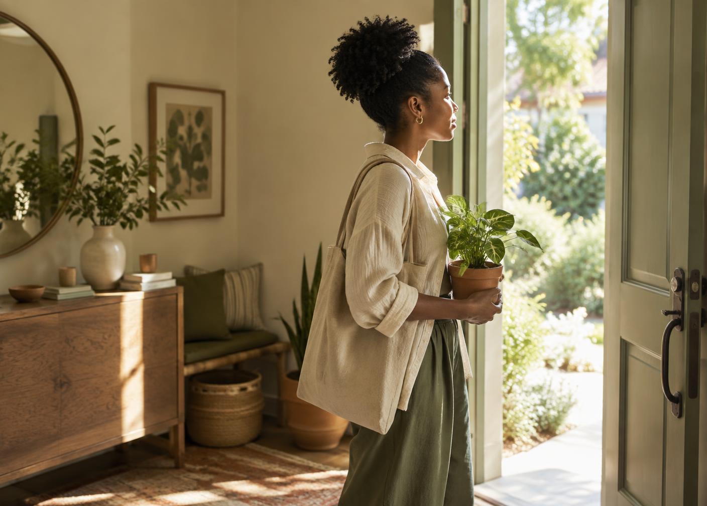 A woman carries a plant through a sunlit doorway