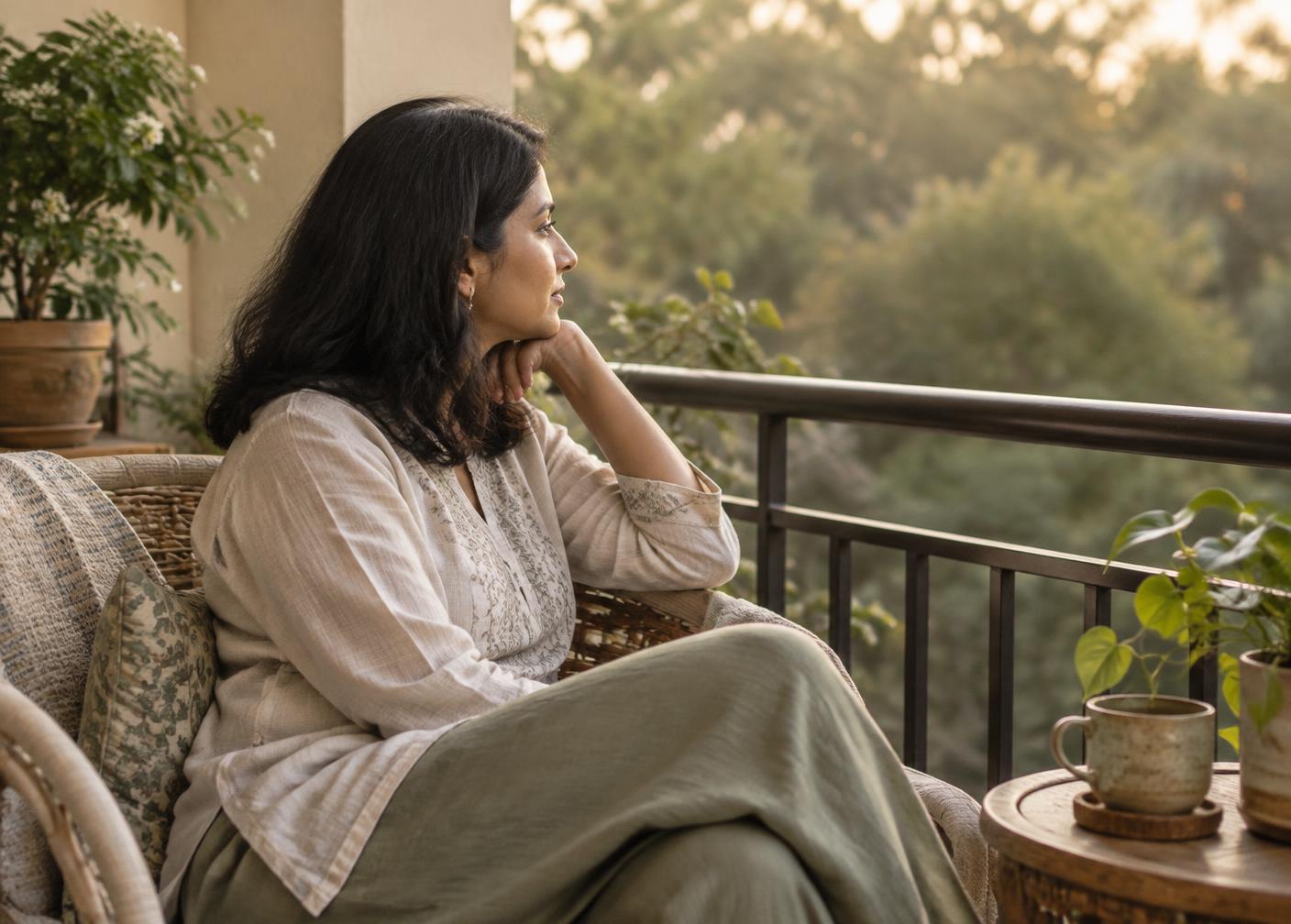 A woman sits on a balcony looking toward trees