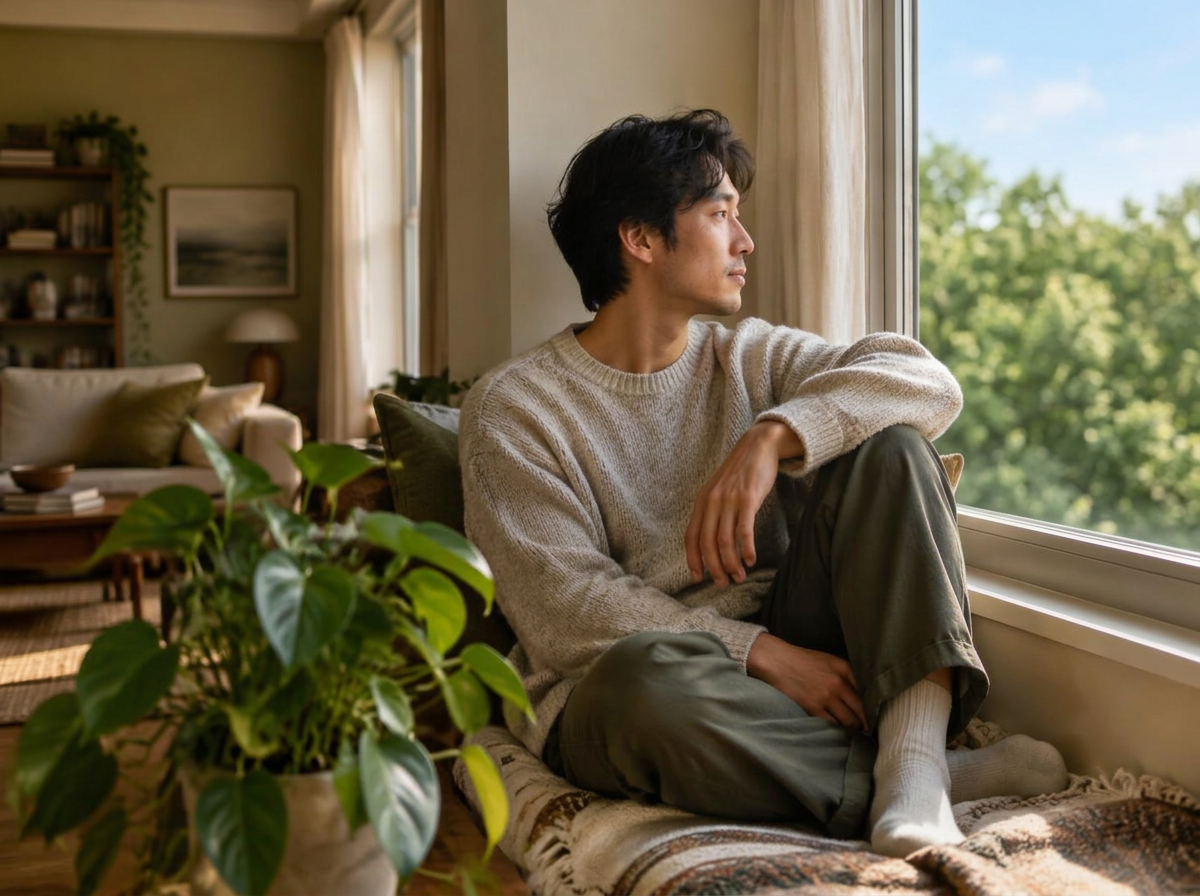 A young adult sits by a bright apartment window looking outside
