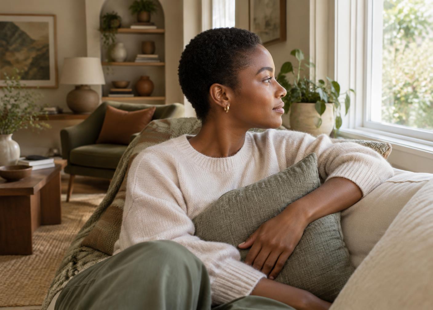 A woman sits beside a home window holding a cushion