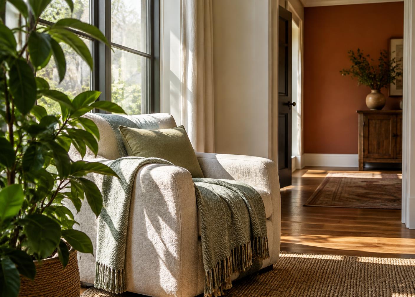A sunlit chair and woven throw in a quiet home interior