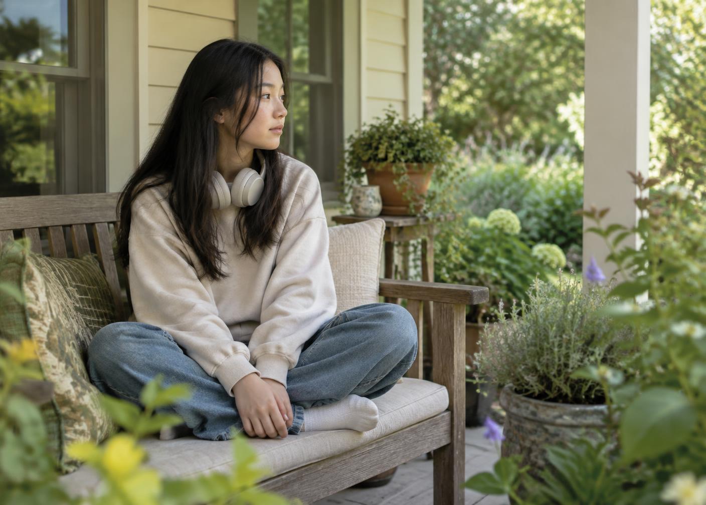 A teen sits on a porch bench with headphones around her neck