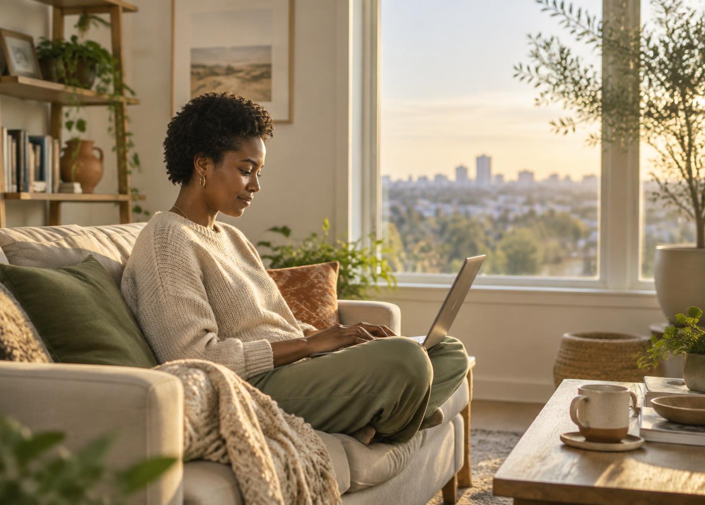 A Black woman uses a laptop at home beside a sunlit window, seen in profile