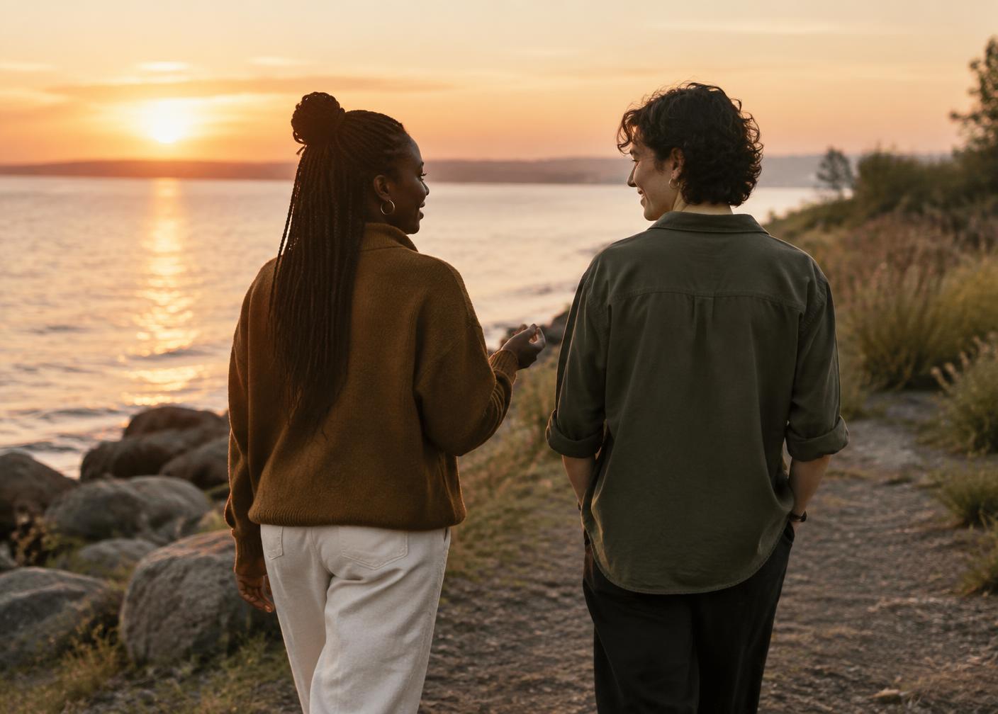 Two friends talk while walking beside the water at sunset