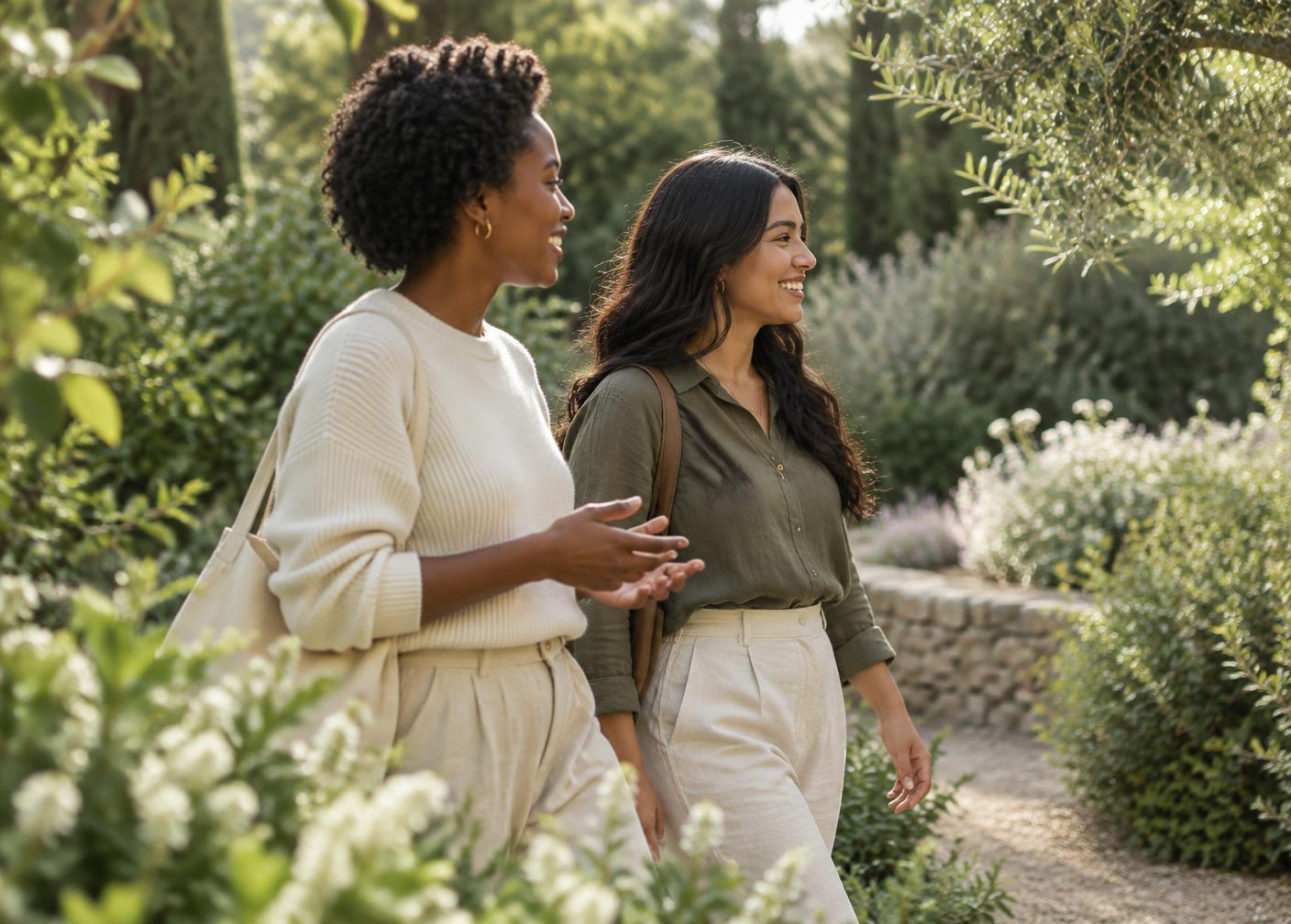 Two women walk together talking in a sunlit leafy garden