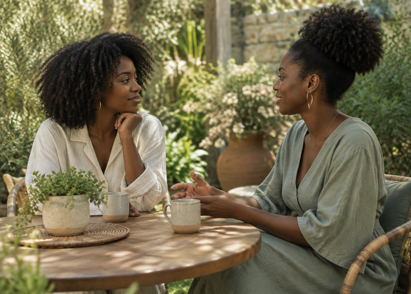 Two Black women talk together at a sunlit garden table