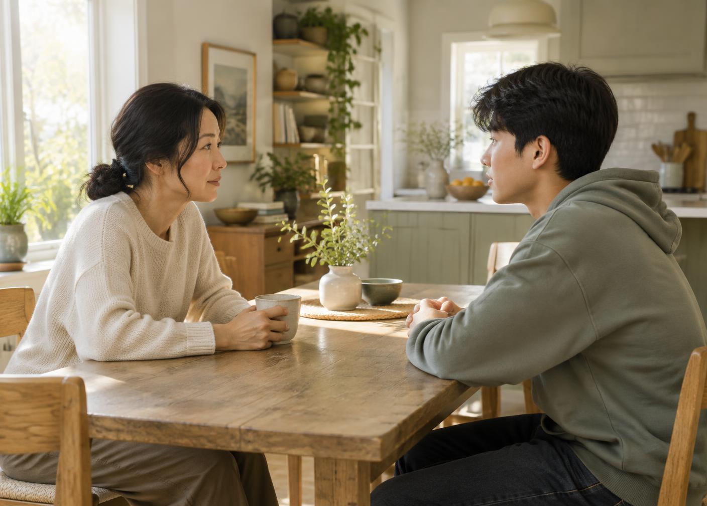 A mother and her older teenage son talk calmly at a sunlit kitchen table