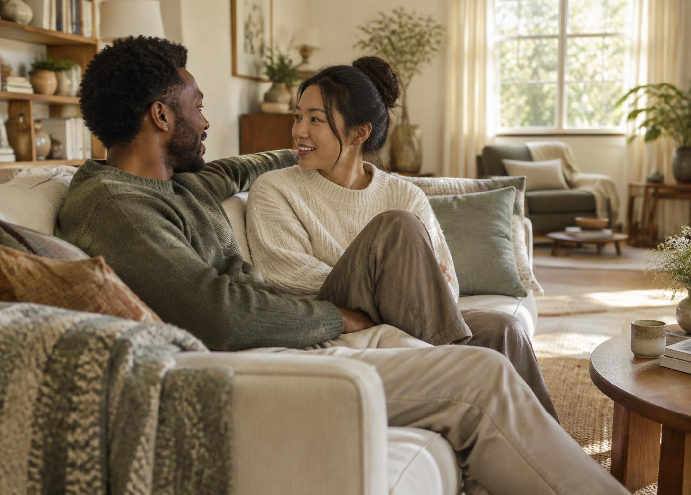 Two fully clothed partners sit close together talking on a sofa in a sunlit room