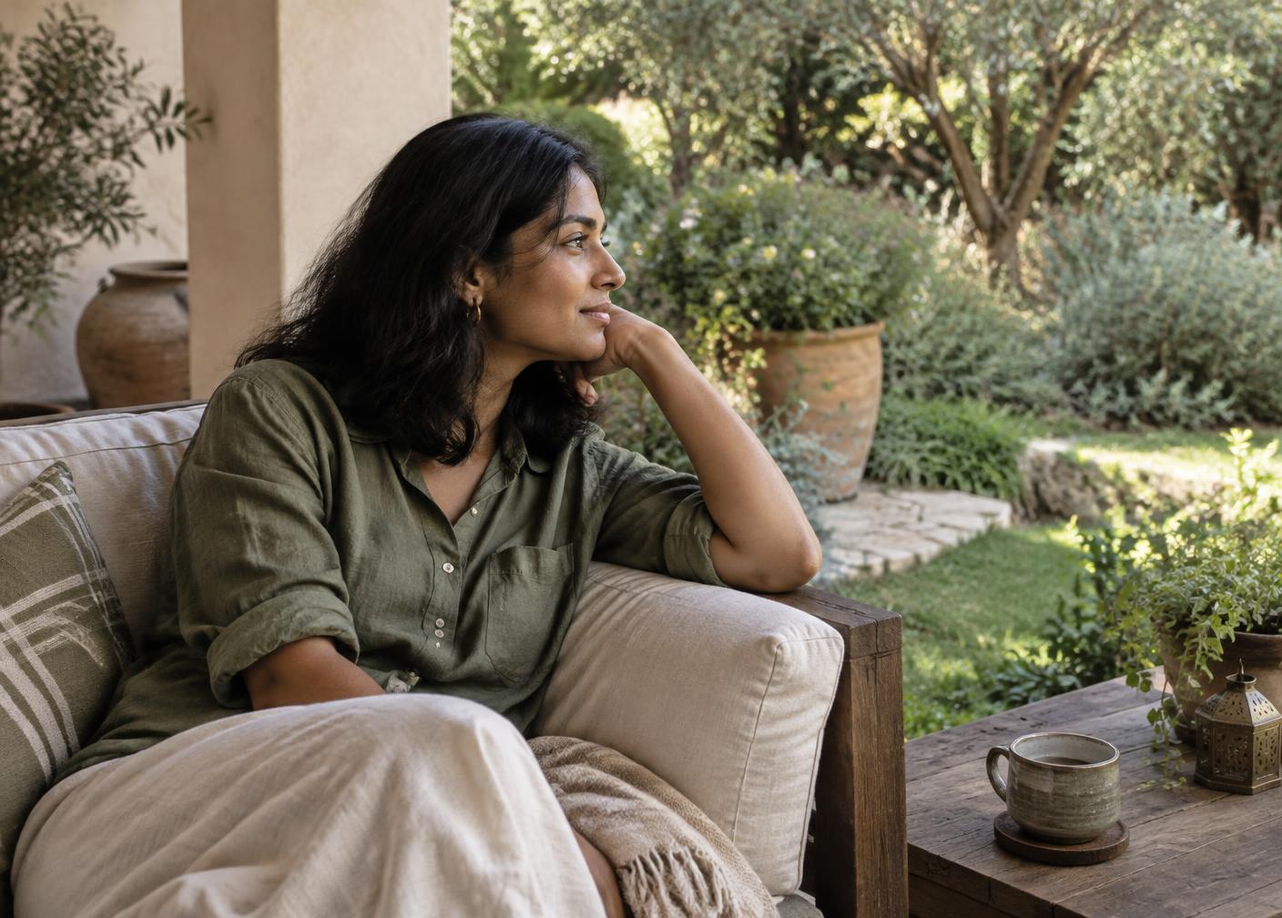 A South Asian woman rests on a patio looking toward a sunlit garden