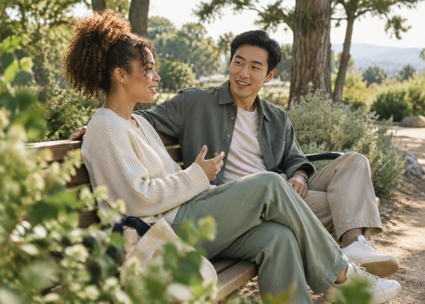 Two young adults talk comfortably together on a sunlit park bench