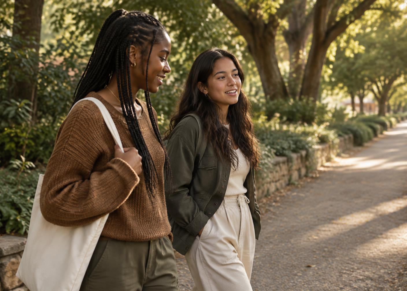 Two teens walk together on a tree-lined path